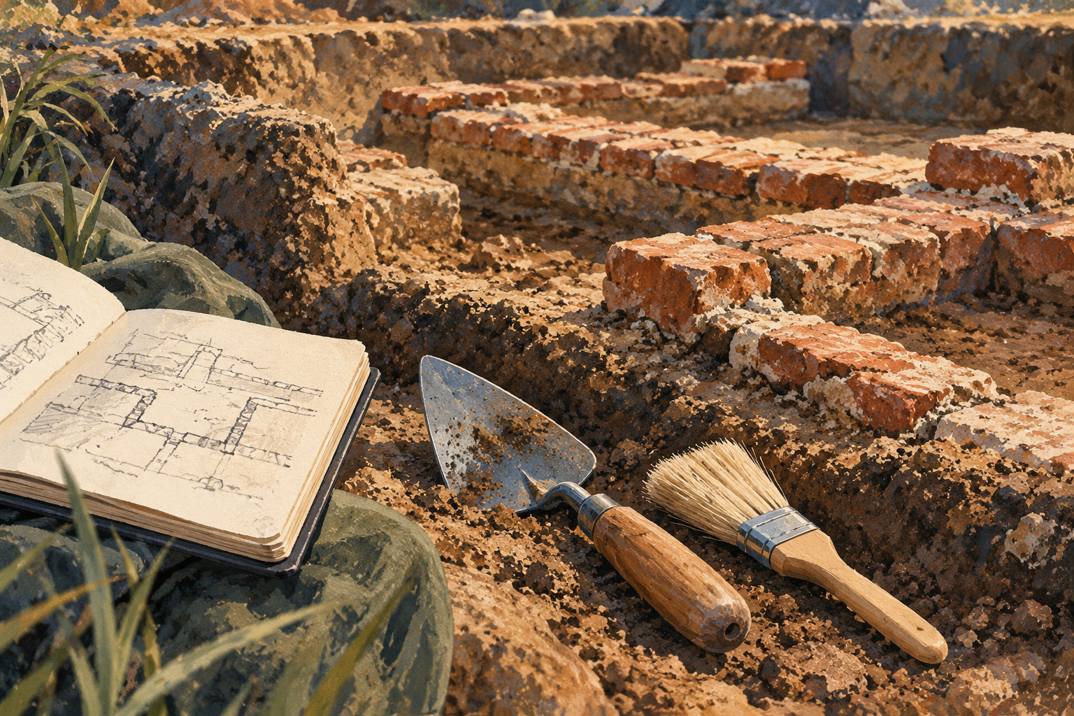 Ilustración de un pincel y una herramienta de arqueología junto a ladrillos parcialmente excavados