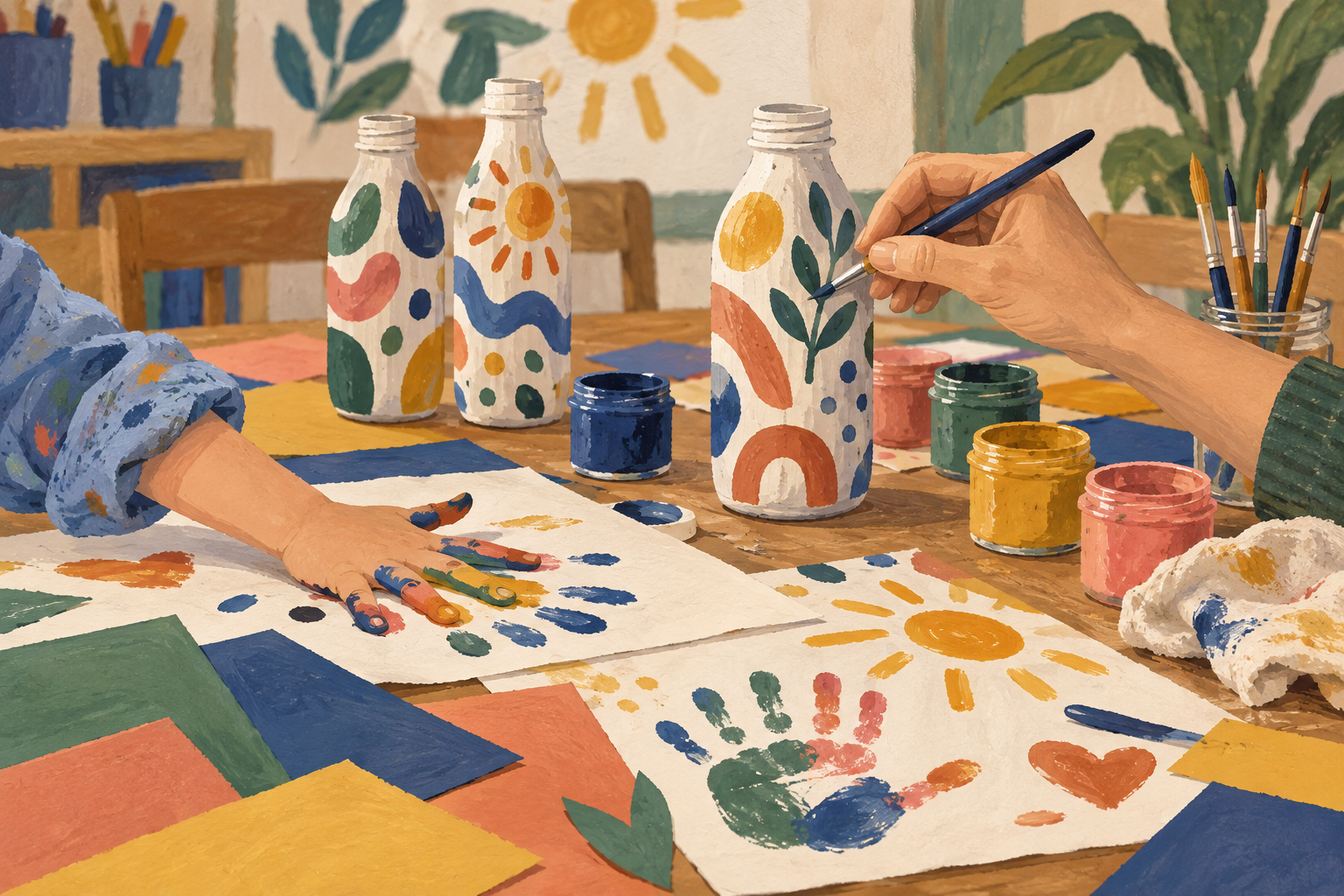 Ilustración de manos creando con pinceles, papeles de colores y botellas reutilizadas en una mesa