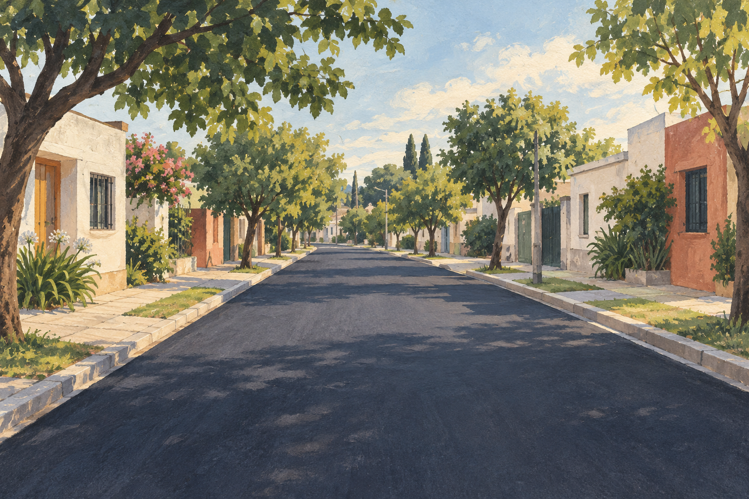 Ilustración simbólica de una calle residencial con asfalto nuevo