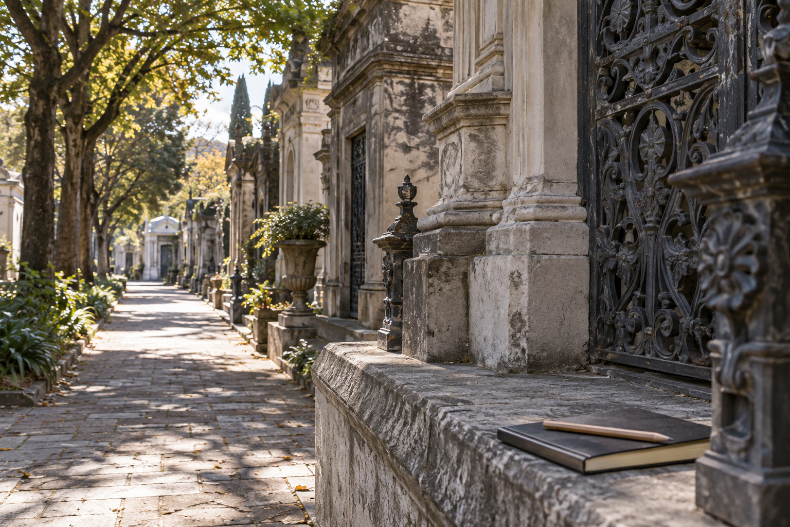 Ilustración fotorrealista generada con IA de arquitectura funeraria y un cuaderno; no representa el Cementerio Norte ni una visita real.