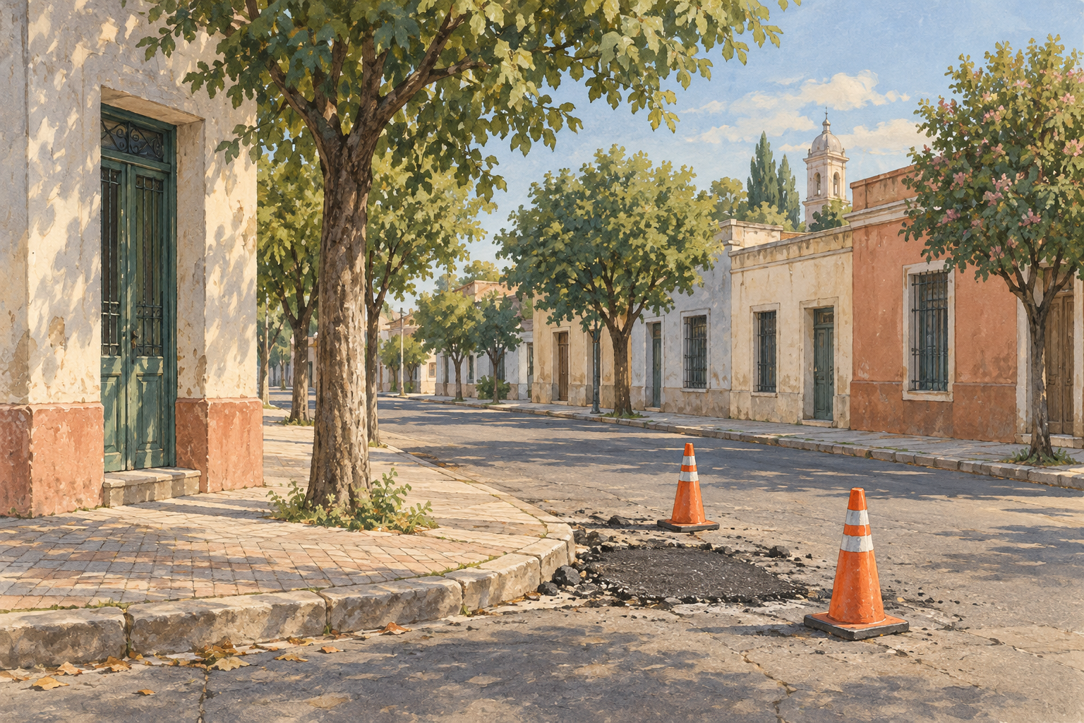 Ilustración de una calle arbolada con conos de obra