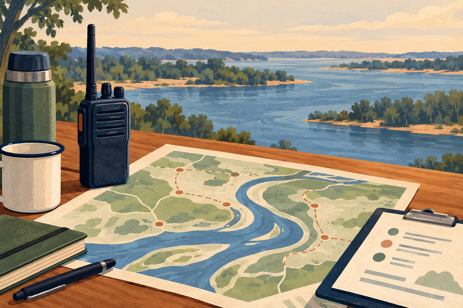 Ilustración de un mapa abstracto del río, una radio portátil y una planilla para coordinar tareas