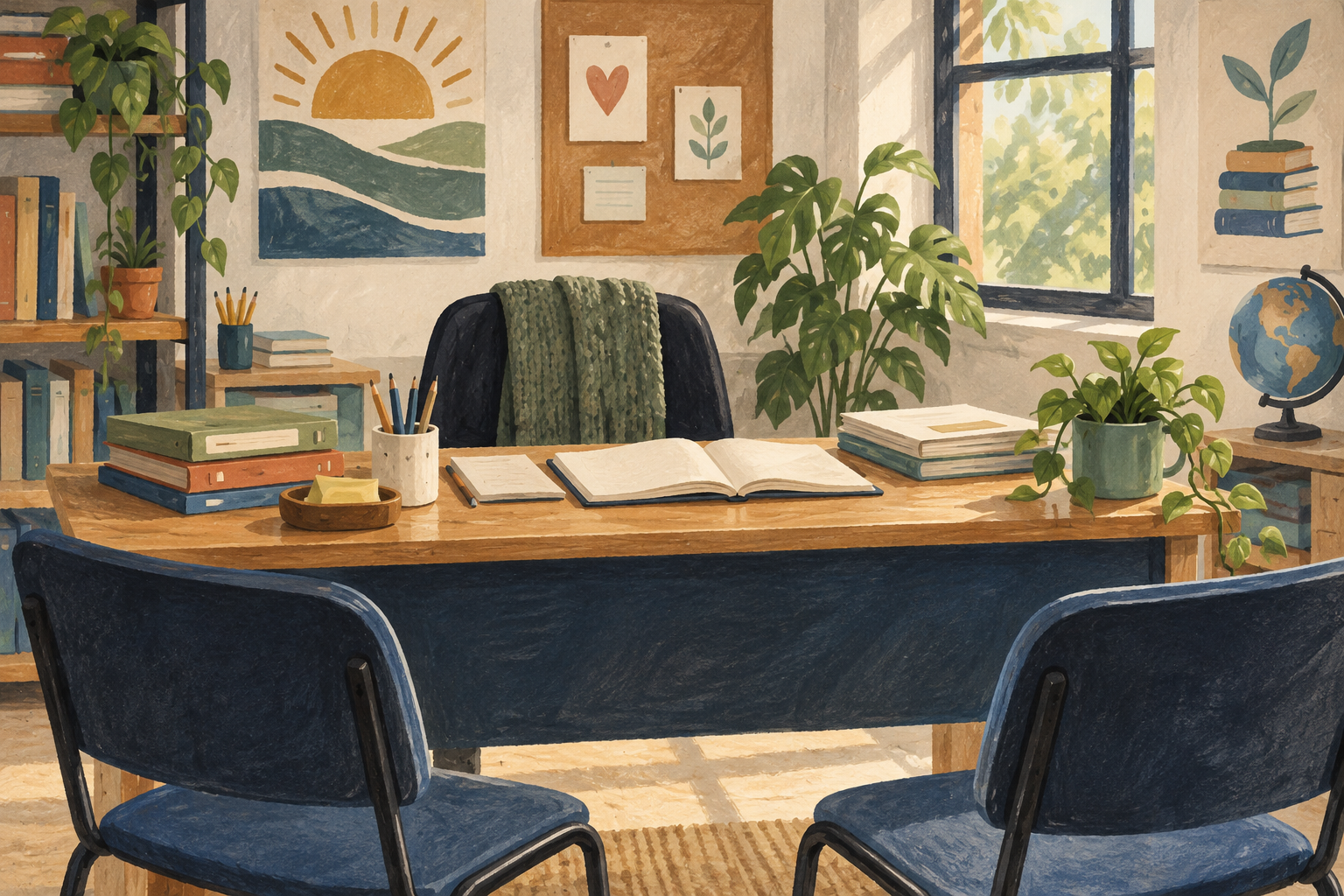 Ilustración simbólica de un escritorio de atención educativa con cuadernos y carpetas