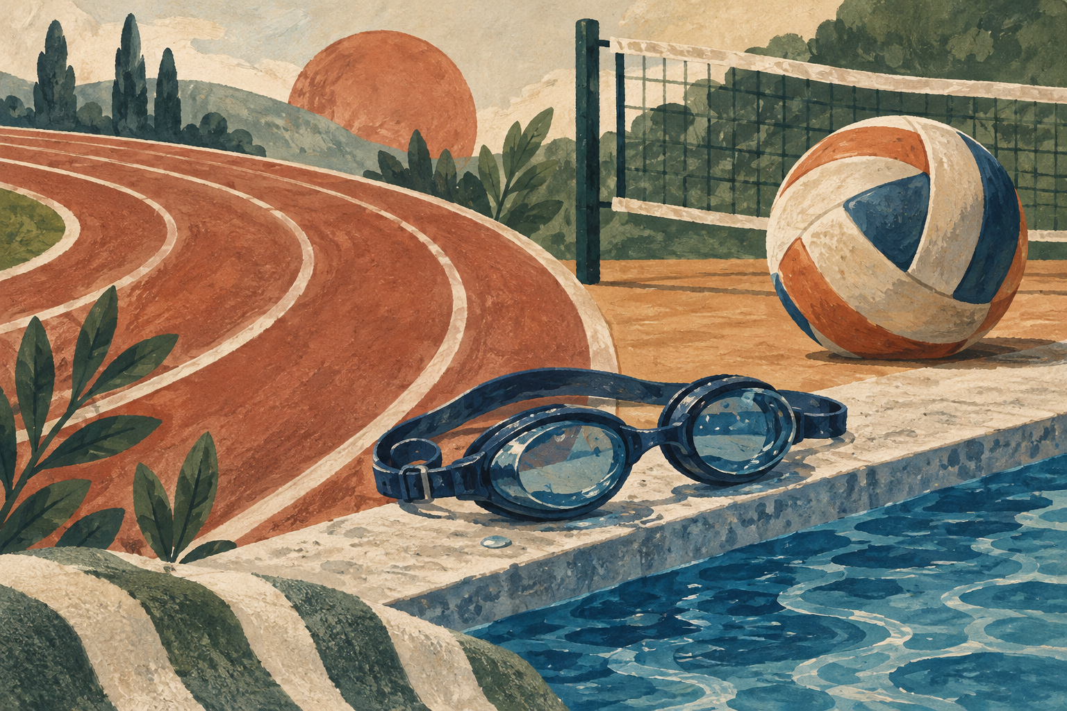 Ilustración de una pista de atletismo, antiparras y una pelota junto a una red baja