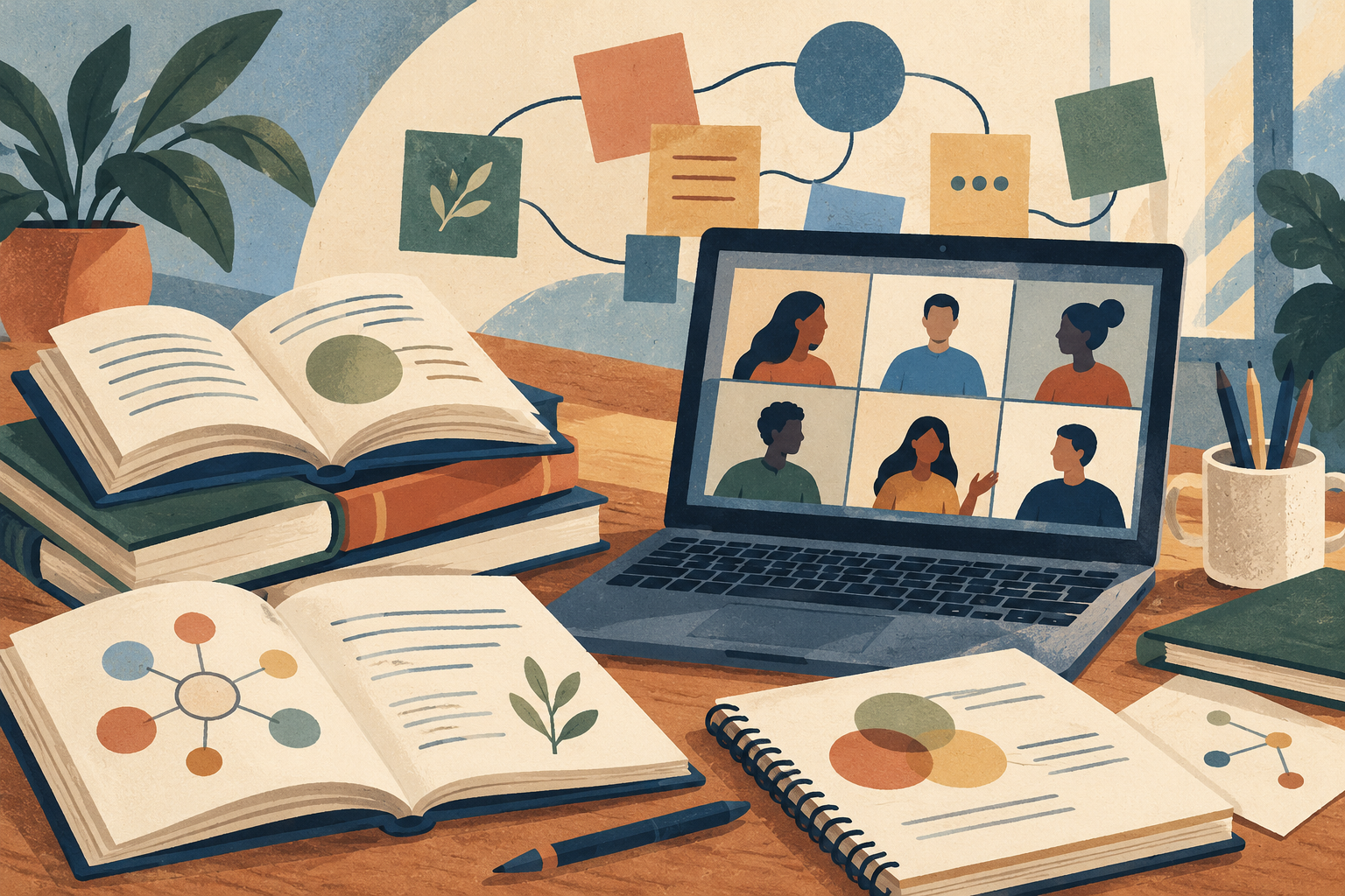 Ilustración de libros, cuadernos y una computadora que simbolizan la formación educativa