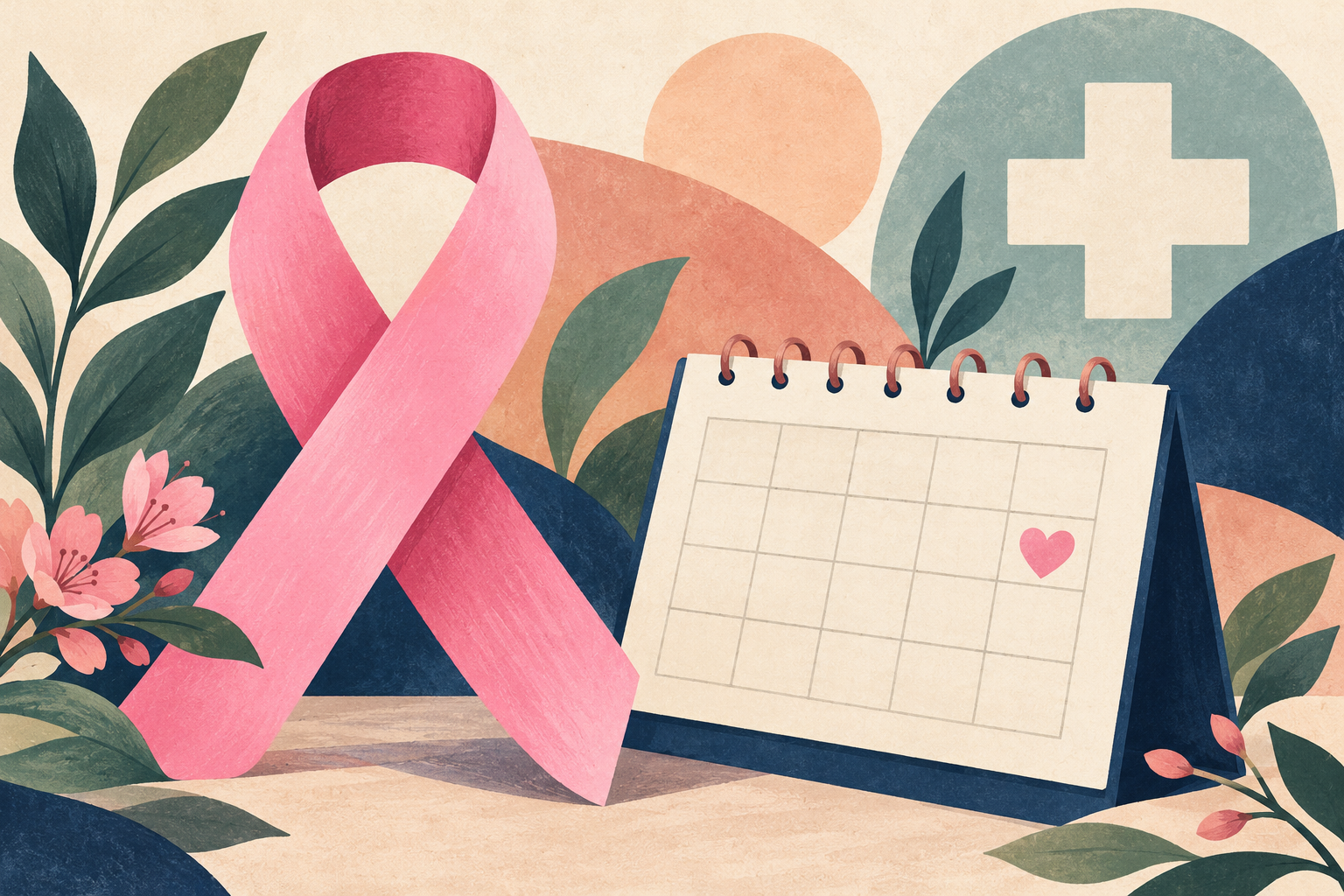 Ilustración de una cinta rosa y un calendario sobre un fondo claro