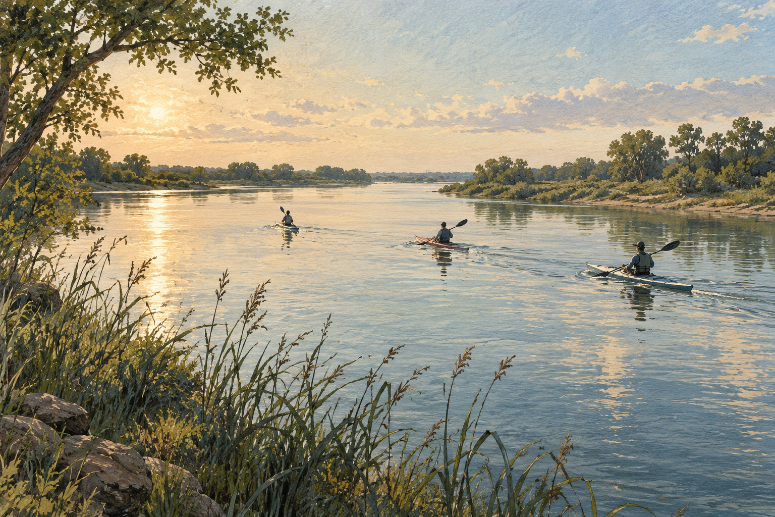 Ilustración de palistas sobre un río de paisaje ribereño