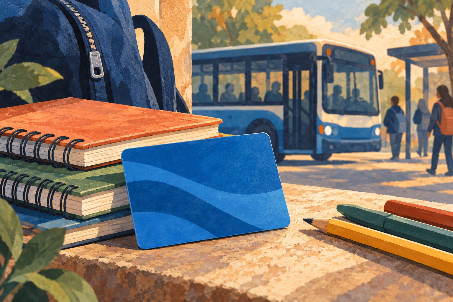 Ilustración de una tarjeta azul, cuadernos escolares y un colectivo