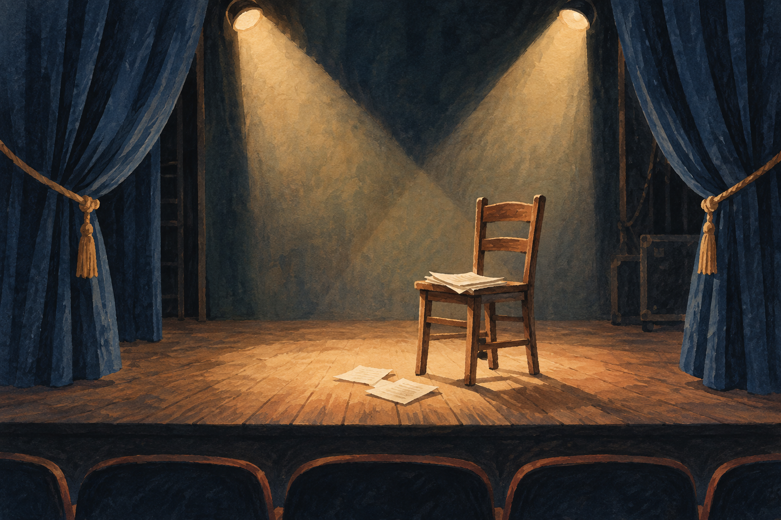 Ilustración de un escenario vacío con telones, una silla y dos luces
