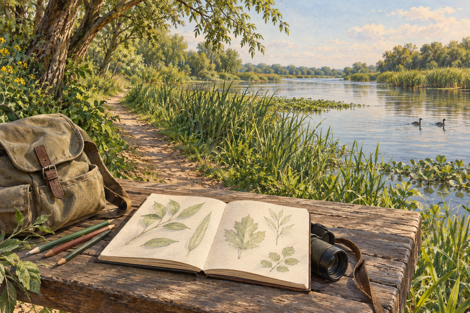 Ilustración de un cuaderno de naturaleza junto a un sendero ribereño