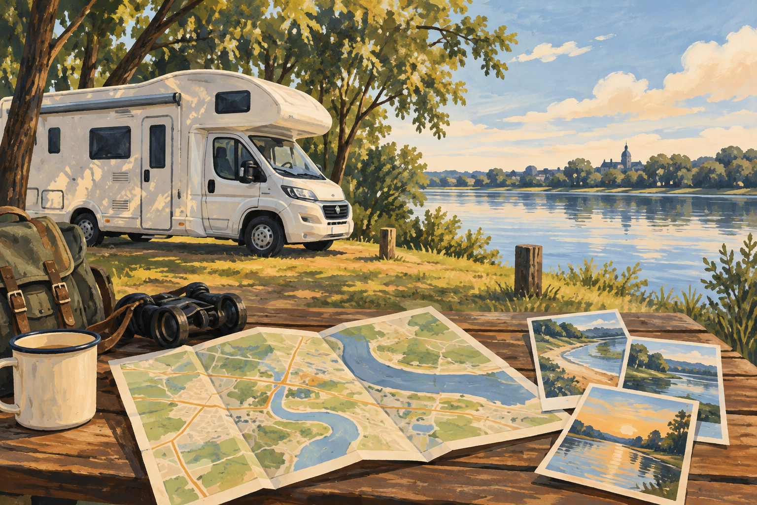 Ilustración de una casa rodante junto a un río, con un mapa y folletos de viaje en primer plano