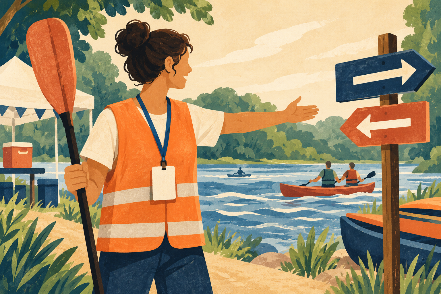 Ilustración de una persona voluntaria con chaleco y credencial orientando junto a un río